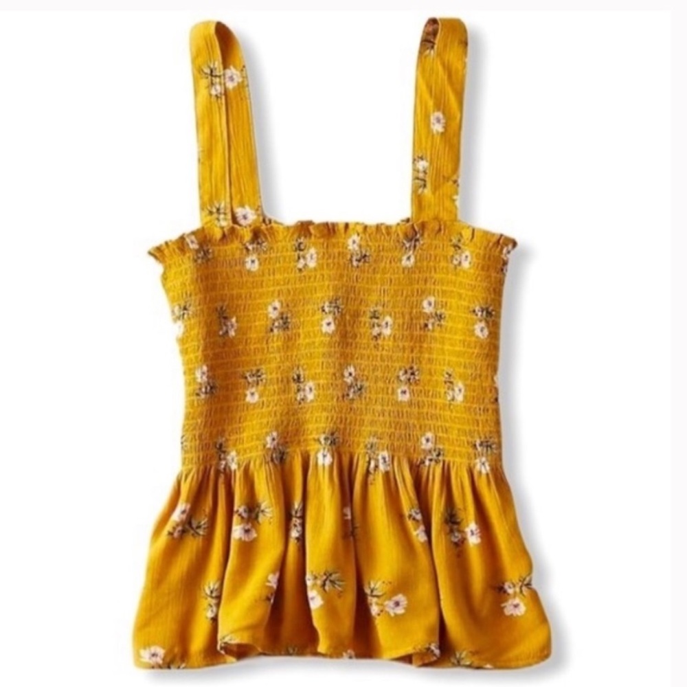 American Eagle Outfitters Mustard Floral Smocked Tank Top - Picture 3 of 6